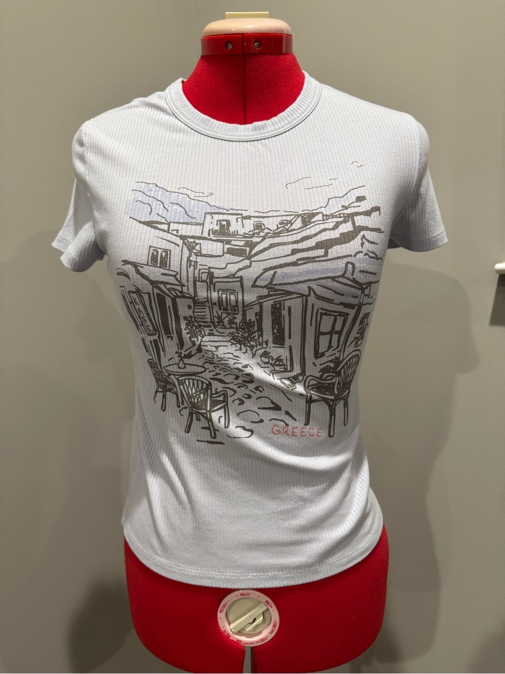 American Eagle Hey Baby Tee Light Blue Greece Design